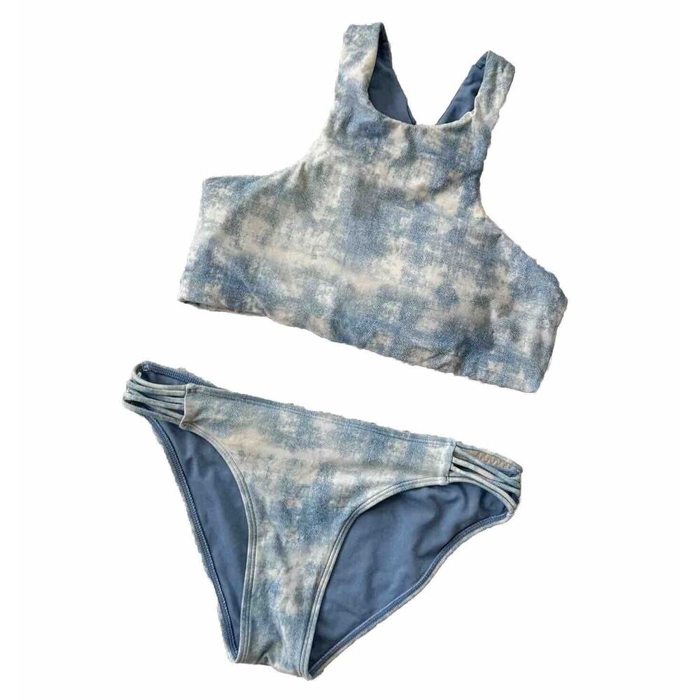 Billabong High Neck Sporty Blue White Lace up Back Strappy Bikini Set Medium